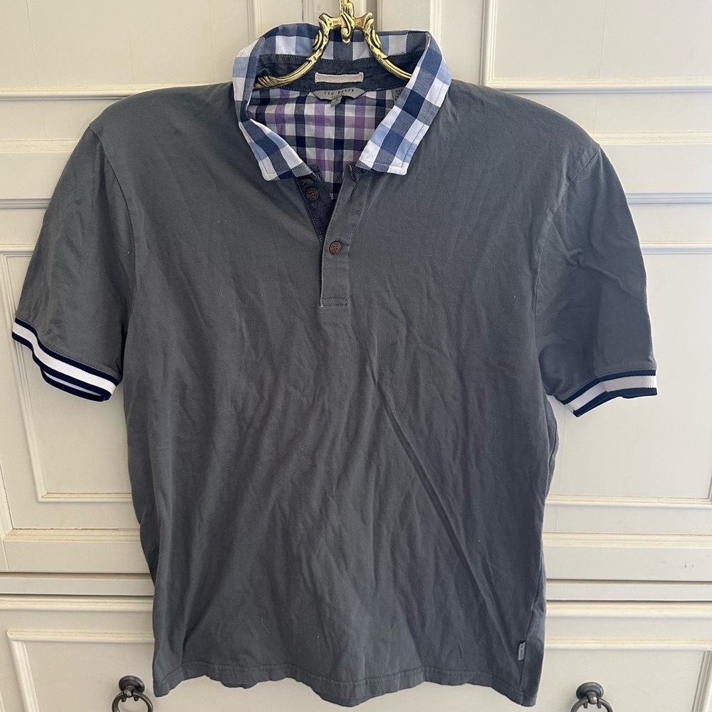 Ted Baker Gray Plaid Collar Short Sleeve Polo Shirt